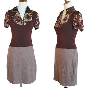 Bebe - 90s Brown Silk and Wool Secretary Above the Knee Dress